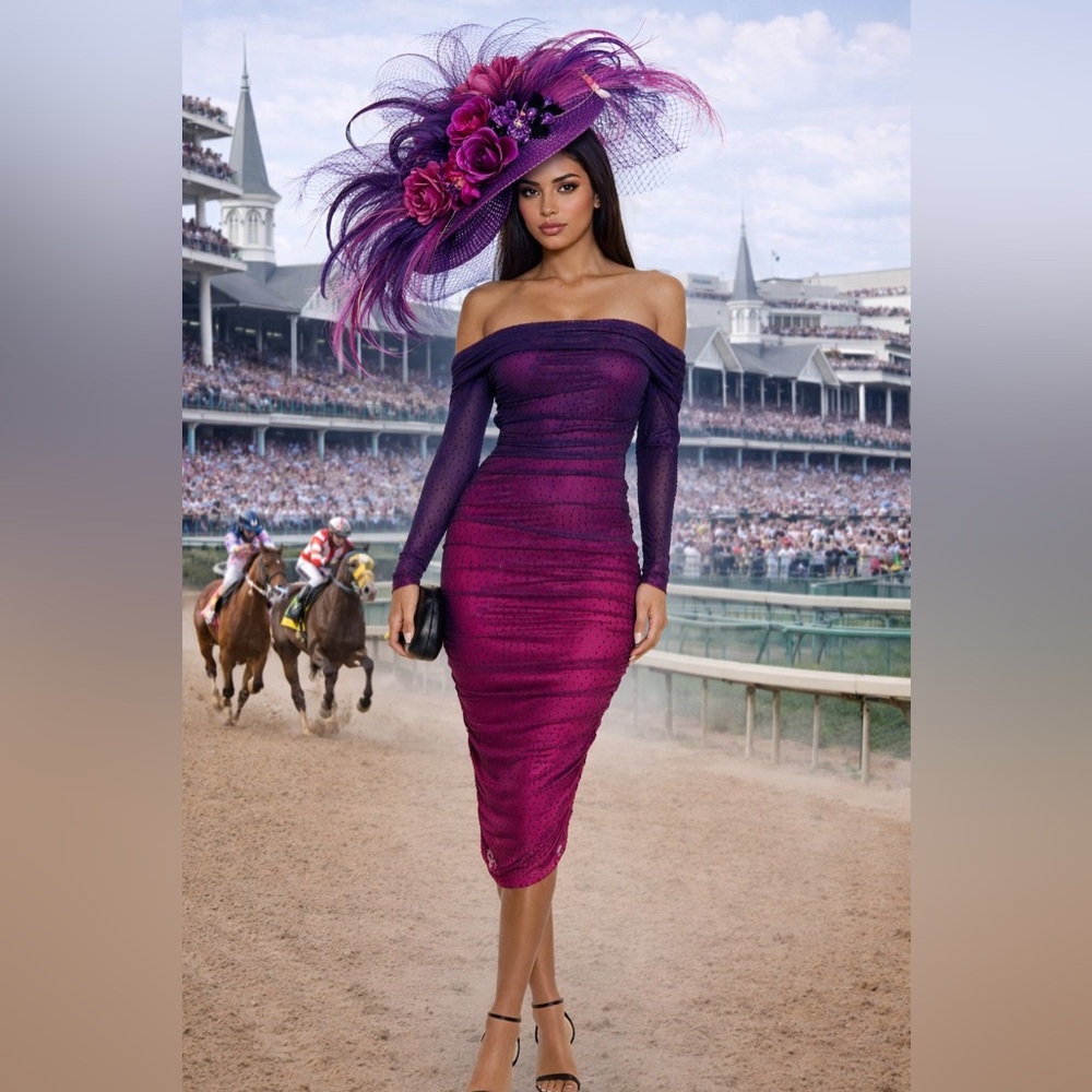 Fashion Nova Purple & Pink Rhinestone Mesh Midi Ombre Dress KY Derby Ready🏇🏼